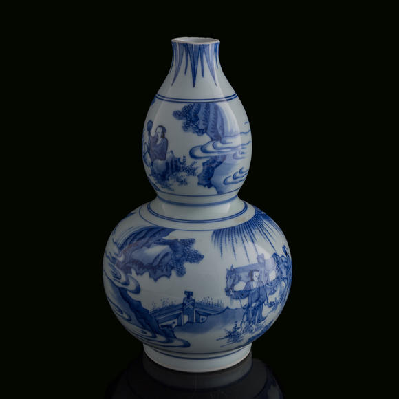 Oakridge Auction Gallery明崇禎 青花人物葫蘆瓶  A Chinese blue and white double gourd-form vase