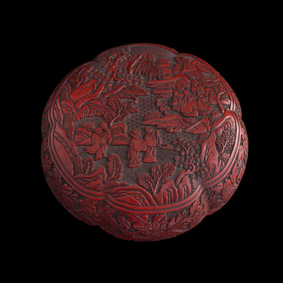 Oakridge Auction Gallery清代 剔紅雕八仙人物花口捧盒  A Chinese cinnabar 'immortals' foliate lidded box