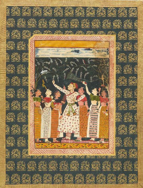 RoseberysA prince and a consort admiring a tree in bloom and a monkey,?
Revival style, Northwestern India, modern,?

On paper, mounted on embroidered text