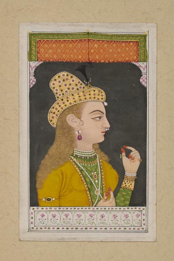 RoseberysA portrait of a European lady at a window,
Mughal India, circa 1740,?

Opaque pigments heightened with gold on paper, wearing a floral studded gol