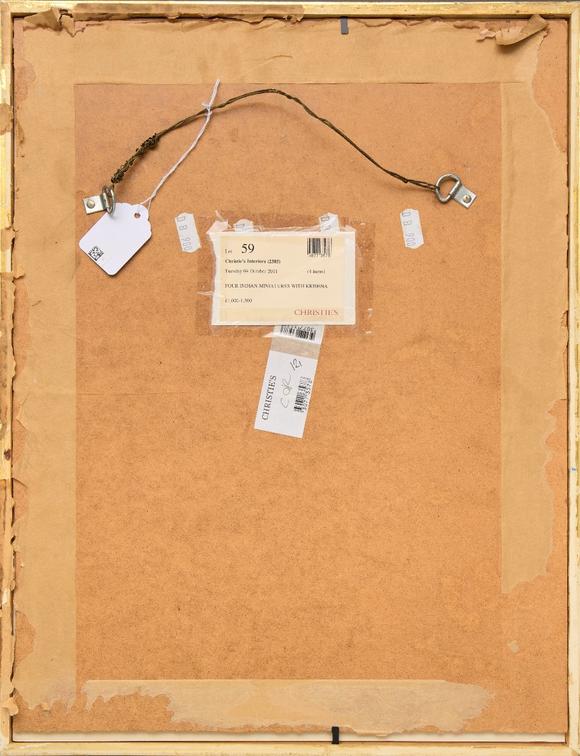 RoseberysA detached album folio : Krishna kills the demon Kansa with an elephant tusk,?
Rajasthan, North India, 19th century,?

Opaque pigments heightened
