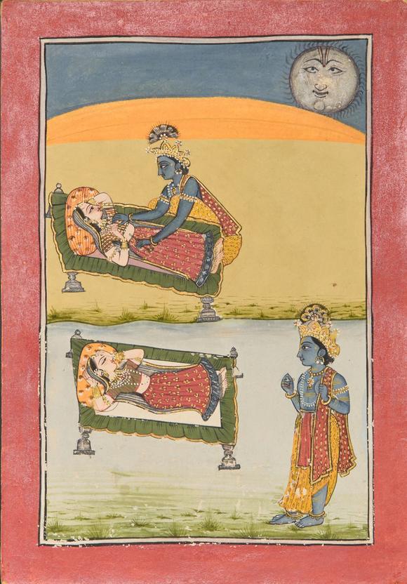 RoseberysKrishna waking Radha from her sleep,
Mandi, Rajasthan, North India, 19th century,?

Opaque pigments heightened with gold on paper, the sun rising