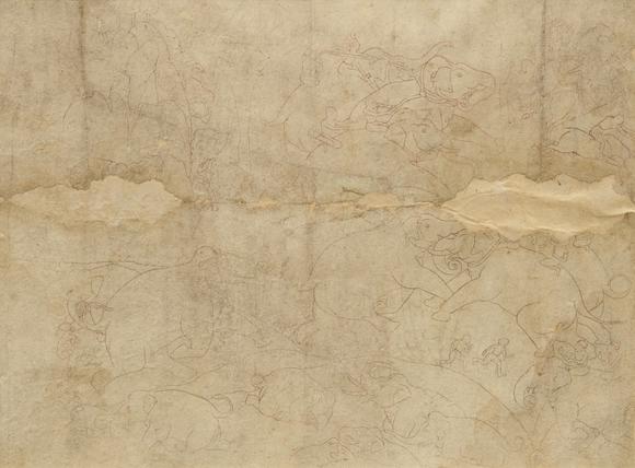 RoseberysA large preparatory drawing of rounding up a wild elephants,
Possibly Kotah, Rajasthan, North India, 19th century,

Ink on paper, mounted, framed a
