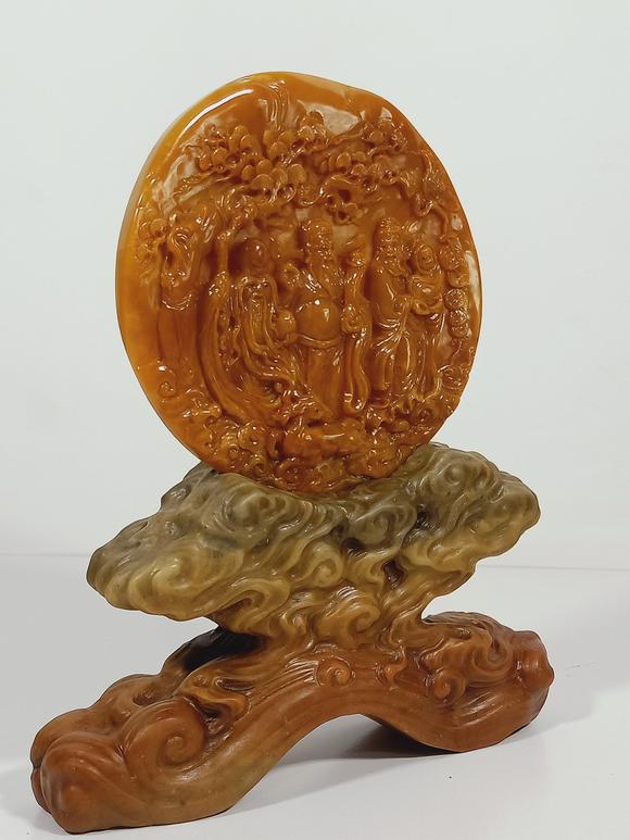 日本松町古美田黃石福祿壽擺件