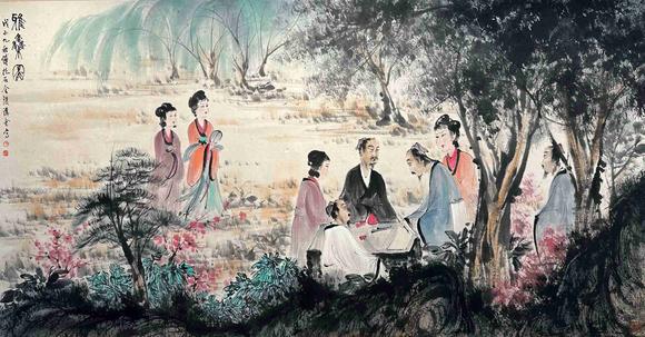 日本松町古美傅抱石 對(duì)弈圖