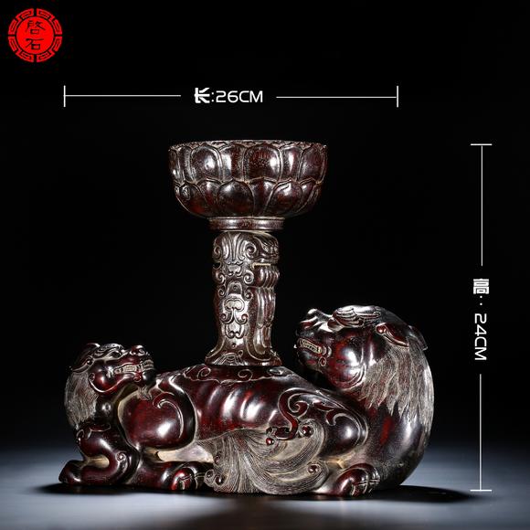 北京啟石清中期 瑞獸座饕餮柱蓮花口燭臺