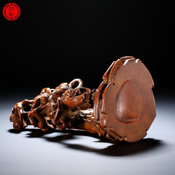 北京啟石清 竹根雕“淵愛(ài)菊”擺件（帶木座）