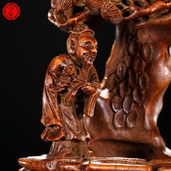 北京啟石清 竹根雕“淵愛(ài)菊”擺件（帶木座）