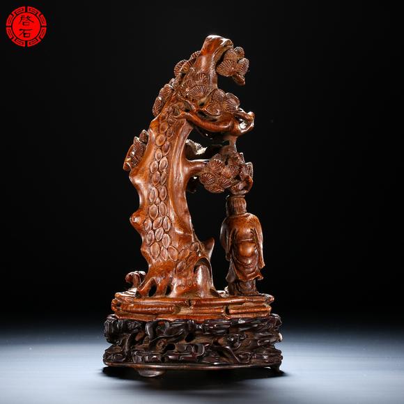北京啟石清 竹根雕“淵愛(ài)菊”擺件（帶木座）