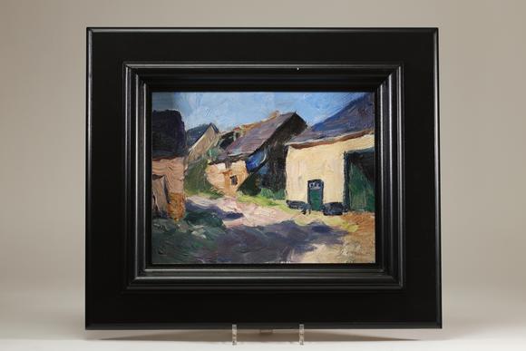 Goldfield Auction sarlsRichard HEINTZ (1871-1929), Les cabanes à Nassogne, 1928, huile sur carton représentant une vue de village ardennais animée par des habitations rurale