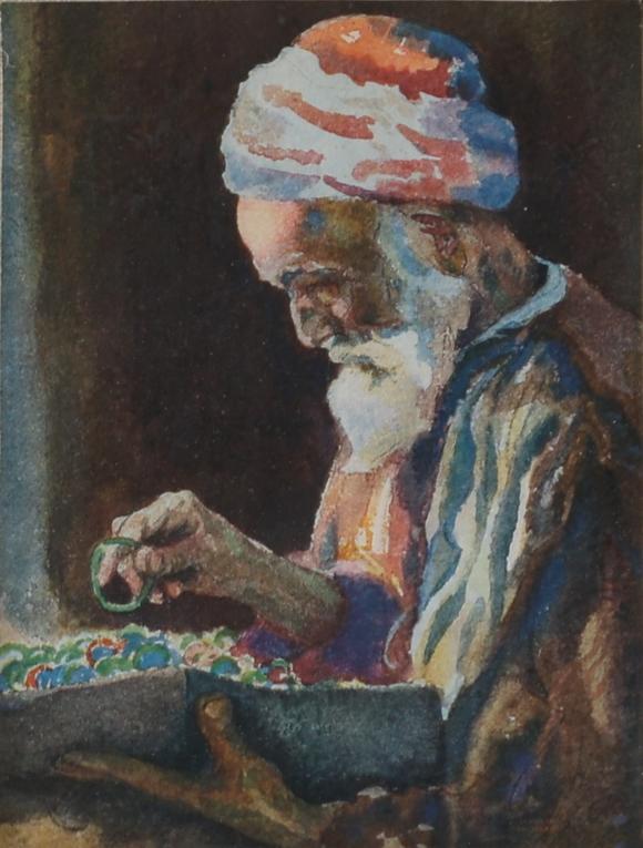 Goldfield Auction sarlsécole orientaliste vers 1900, aquarelle représentant un vieil homme en turban triant des perles ou bijoux dans une composition intimiste aux tonalités