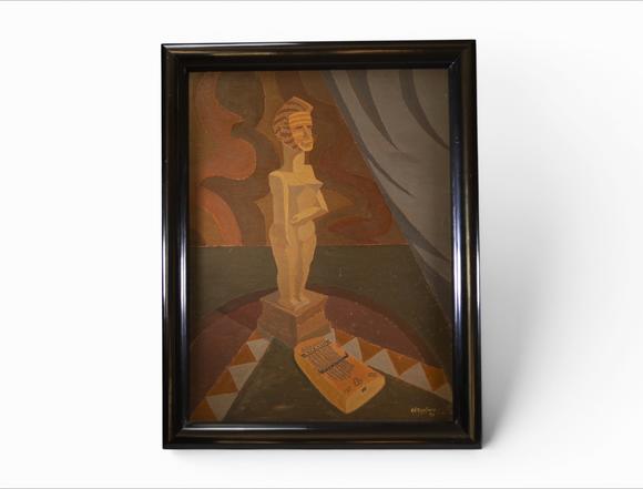 Goldfield Auction sarlsEdgar SCAUFLAIRE (1893-1960), huile sur panneau représentant une nature morte au fétiche africain et instrument de musique, dans une composition styli