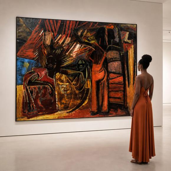 Goldfield Auction sarlsFloris JESPERS (1889-1965), très grande huile sur toile “Famille africaine”, composition expressionniste aux figures stylisées et puissantes, palett
