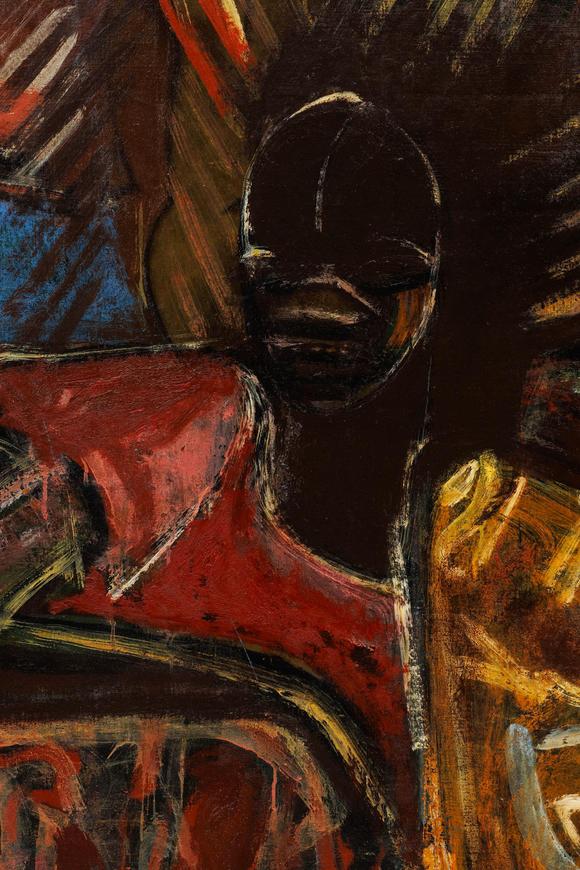 Goldfield Auction sarlsFloris JESPERS (1889-1965), très grande huile sur toile “Famille africaine”, composition expressionniste aux figures stylisées et puissantes, palett