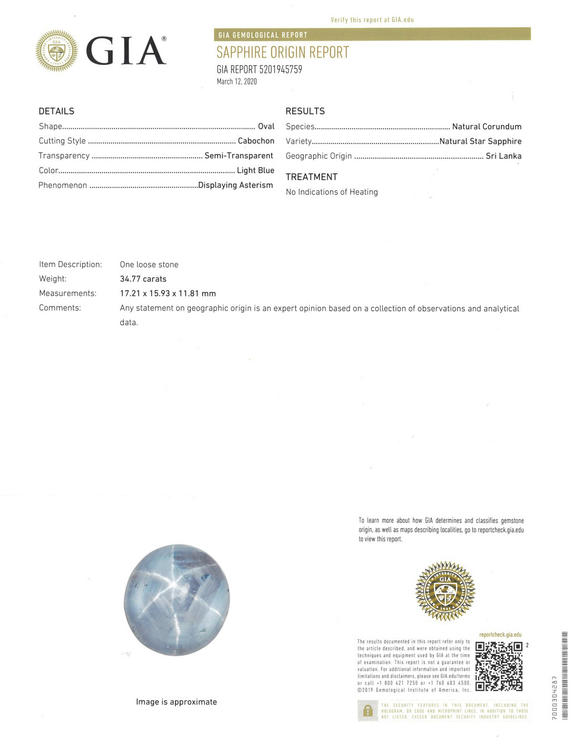 Clarke Auction GalleryJEWELRY. GIA Unheated Ceylon STAR Sapphire and