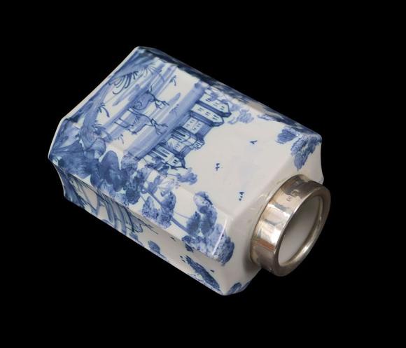 Clarke Auction GallerySILVER. English Silver Mounted Delftware Tea Caddy