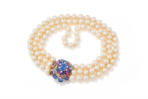 DreweattsA SAPPHIRE, COLOURED SAPPHIRE, DIAMOND AND CULTURED PEARL NECKLACE
