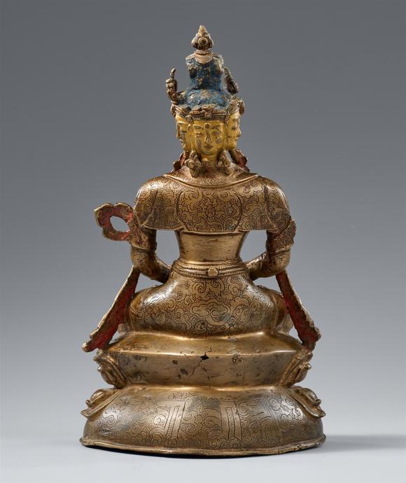 Kunsthaus Lempertz KGA rare Tibetan brass figure of Sarvavid Vairocana. Partially cold-gild and polychrome. 16/17th century
