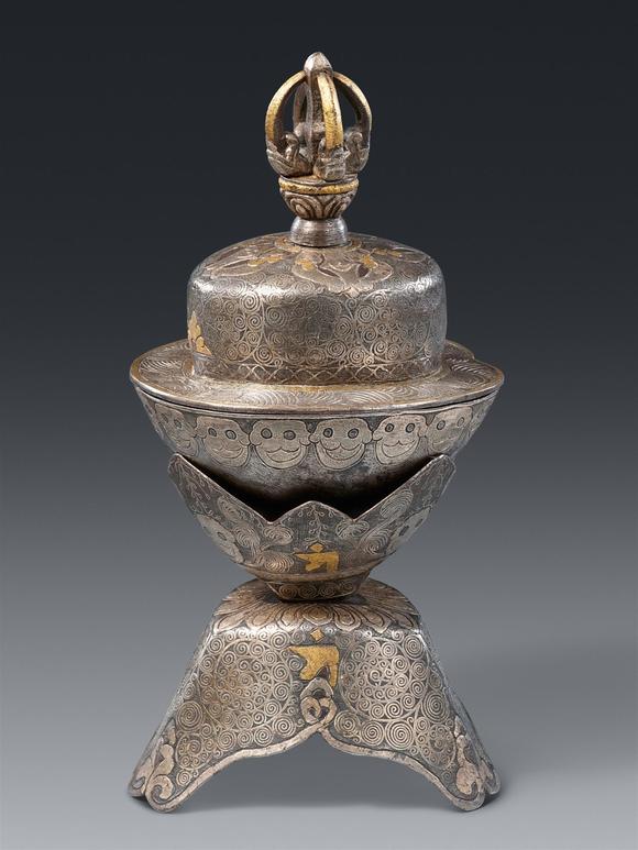 Kunsthaus Lempertz KGAn Eastern Tibetan gold and silver damascened iron altar kapala. 16th century