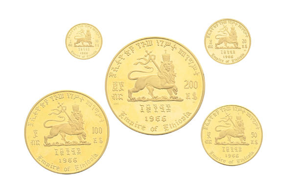 Piguet - H?tel des VentesEmpire d'éthiopie, Coffret de cinq monnaies en or 900, 1966, 75ème anniversaire de l'Empereur Haile Sélassié I et 50 ans de règne, 152
