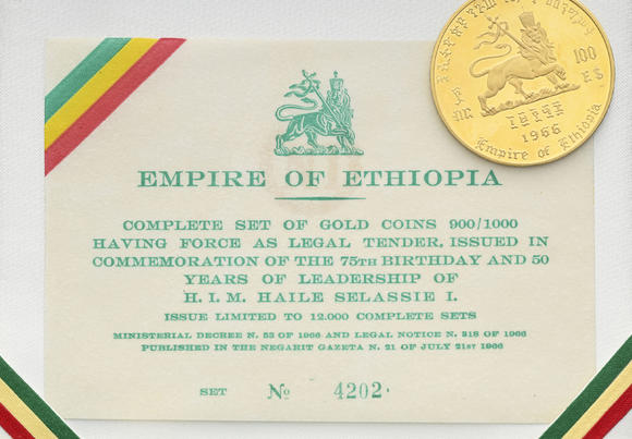 Piguet - H?tel des VentesEmpire d'éthiopie, Coffret de cinq monnaies en or 900, 1966, 75ème anniversaire de l'Empereur Haile Sélassié I et 50 ans de règne, 152