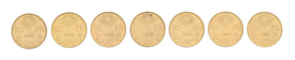Piguet - H?tel des VentesConfédération Helvétique, verticale de 7 vreneli de 10 francs : 1911 / 1912 / 1913 / 1914 / 1915 / 1916 / 1922