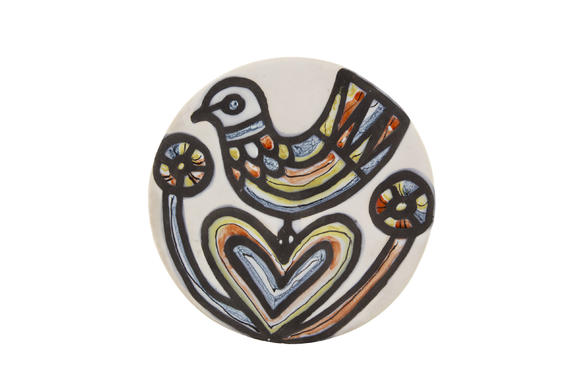 Piguet - H?tel des VentesCapron.  Coupelle en grès blanc et émaillé, années 1960, Vallauris à décor d'oiseau, diam. 15,5 cm, h. 2,5 cm