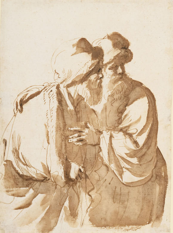 Piguet - H?tel des VentesGiovanni Francesco Barbieri, dit Guercino (1591-1666),  Deux hommes barbus regardant à droite , encre brune et plume/papier, 24,9x17,8 cm