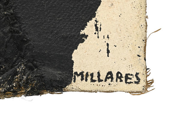 Piguet - H?tel des VentesManolo Millares (1926-1972),  Cuadro , 1960, tech. mixte sur toile de jute, signée, contresignée, datée et titrée, 100x81