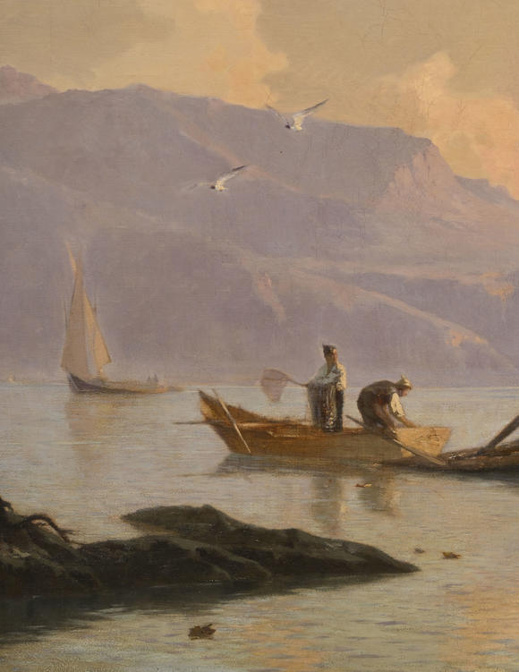 Piguet - H?tel des VentesFran?ois Bocion (1828-1890),  La pose des filets pour la pêche , 1861, huile sur toile, signée et datée, 56x82 cm