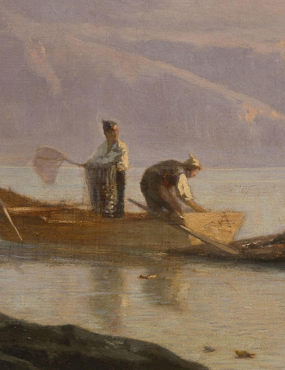 Piguet - H?tel des VentesFran?ois Bocion (1828-1890),  La pose des filets pour la pêche , 1861, huile sur toile, signée et datée, 56x82 cm