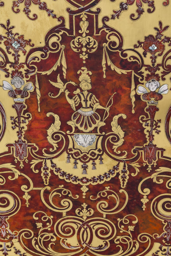 Piguet - H?tel des VentesBibliothèque d'époque Louis XIV, en marqueterie d'écaille rouge, nacre et laiton, riche ornementation de bronze doré, 233x146x52 cm