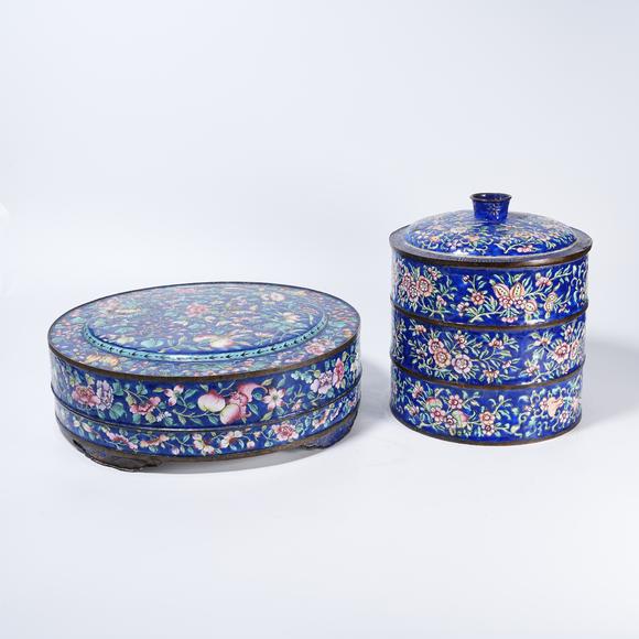 千美會(huì)銅胎畫(huà)琺瑯折紙花果紋蓋盒一組
