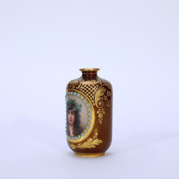 KARSON AUCTION1900 Vienna (Austria) Art Nouveau Heavy Gilt Small Porcelain Vase with Flora from Roman Mythology
