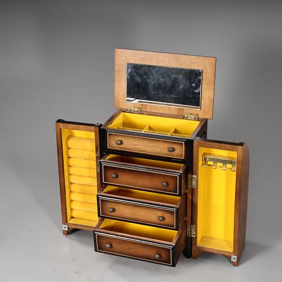 Karl s Collections Inc1970s Maple 3 Tier Dual Cabinets Yellow Velvet lined Vanity Jewelry Box 