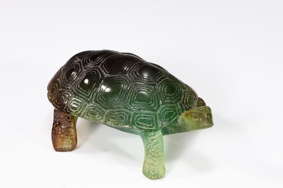 Karl s Collections IncDaum France Green Amber Turtle Pate De-Verre Glass Sculpture