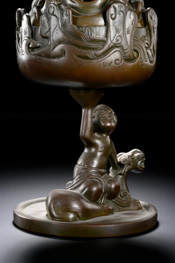 HUNG YUN ZHAI AUCTION HOUSE INCBronze Boshan Incense Burner with Central Asian (Hu) Figure Riding a Beast