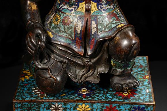 HUNG YUN ZHAI AUCTION HOUSE INCPair of Bronze Cloisonné Enamel Candelabra with Central Asian (Hu) Figure Motif