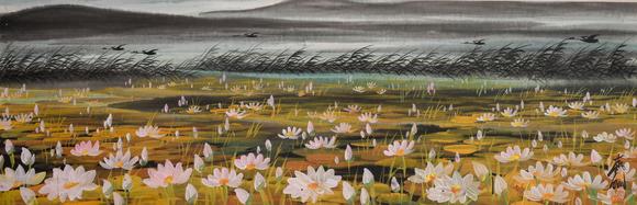 HUNG YUN ZHAI AUCTION HOUSE INCFramed Lotus Pond Painting by Lin Fengmian