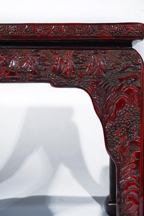 HUNG YUN ZHAI AUCTION HOUSE INCQing Dynasty Set of Red Lacquer Carved and Cloisonné Enamel Inlaid Landscape and Figure Story Square Table and Chairs