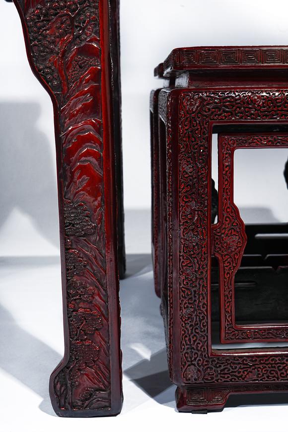 HUNG YUN ZHAI AUCTION HOUSE INCQing Dynasty Set of Red Lacquer Carved and Cloisonné Enamel Inlaid Landscape and Figure Story Square Table and Chairs