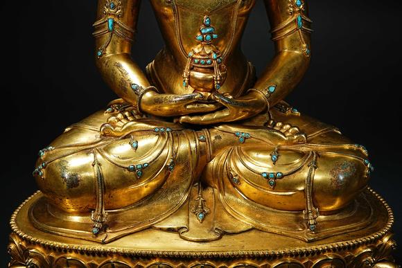 HUNG YUN ZHAI AUCTION HOUSE INC16th Century Gilt-Bronze Inlaid Amitayus Buddha Statue