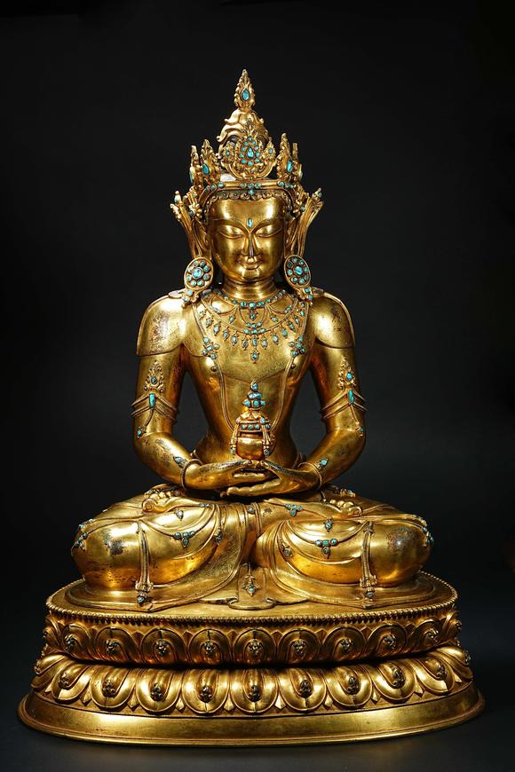 HUNG YUN ZHAI AUCTION HOUSE INC16th Century Gilt-Bronze Inlaid Amitayus Buddha Statue