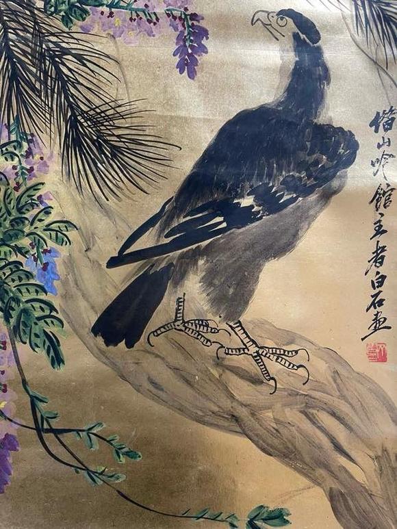 日本松町古美齊白石 金紙花鳥圖