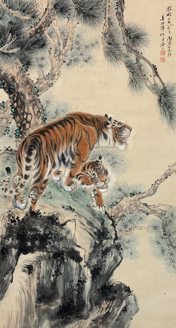 東京新日本張善孖（1882-1940）　雙虎　紙本立軸