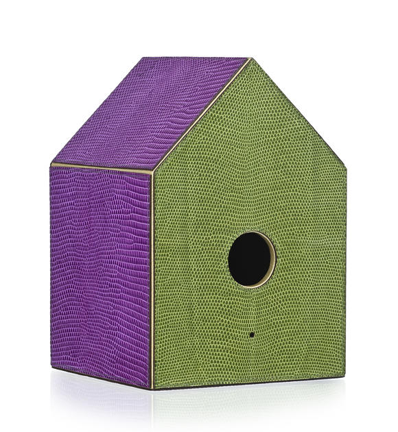 Piguet - H?tel des VentesHermès, bo?te à mouchoirs en forme de nichoir, gainé de lézard Varan vert et violet, commande spéciale, 20,5x14x14 cm