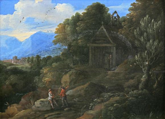 TooveysManner of Gaspard Dughet (Poussin) - Figures in an extensive landsca