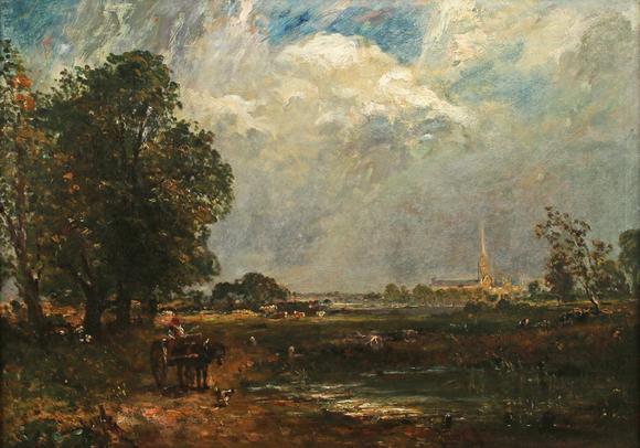 TooveysAfter John Constable - Distant view of Salisbury Cathedral, oil on c