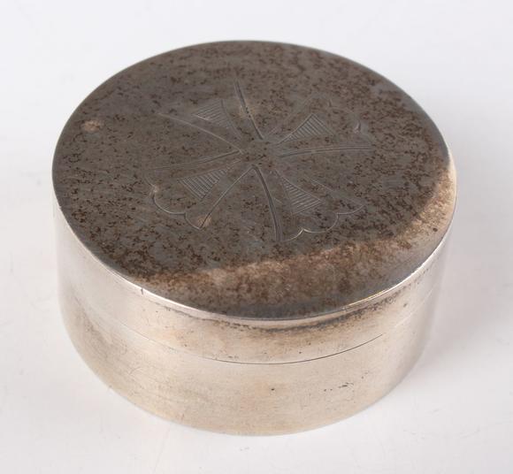 TooveysA Victorian silver communion wafer box or pyx, the cover engraved wi