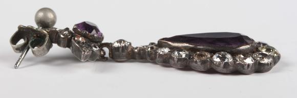 TooveysA pair of gold backed and silver set, diamond and amethyst drop shap